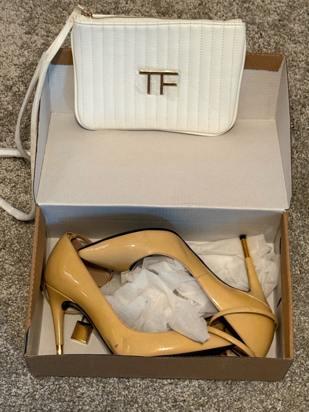 Tom Ford Nude Patent Leather Pointed Toe Stiletto Heels with Gold Lock Accent - Picture 6 of 14